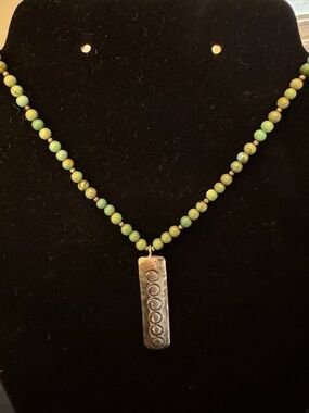 Vintage Sterling Silver Turquoise Bead Necklace w Stamped Concho Pendant